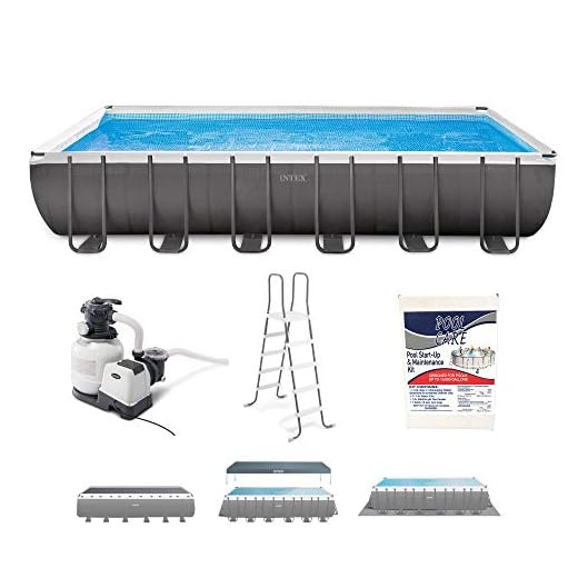 Intex 26363EH 24ft x 12ft x 52in Ultra XTR Frame Outdoor Above Ground Rectangular Swimming Pool Set with Sand Filter Pump, Ladder, Ground Cloth, Pool Cover, and Chemical Maintenance Kit