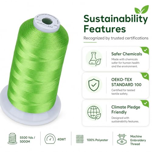 Image of Simthread 5500Yds /5000M 40WT Polyester Embroidery Thread Lime Green 513 | High-yardage 5000M spool offers smooth feeding and stable 40WT polyester thread for home and commercial embroidery machines.