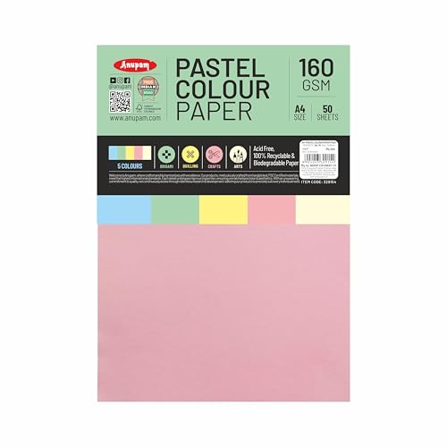 Image of Anupam A4 Pastel Colour Loose Paper 160gsm 5 Colors Paper for Arts, Crafts, Quilling (Multi Colour)