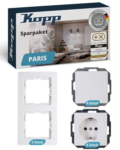 Kopp PARIS Schalter-, Rahmen- & Steckdosen-Set in Arktis-Weiß - 6x Schutzkontakt-Steckdosen mit erhöhtem Berührungsschutz - 4x Aus- & Wechselschalter-Einsatz - 5x 2-fach Rahmen glänzend