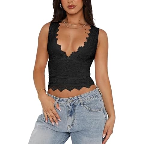 REORIA Women's Sexy V-Neck Lace Cropped Tank Top Cover