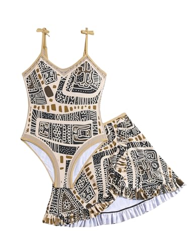 Image of WDIRARA Girl's Boho Print Ruffle Hem Bikini Swimsuit 2 Piece Bathing Suits One Piece Swimsuit with Wrap Beach Skirt