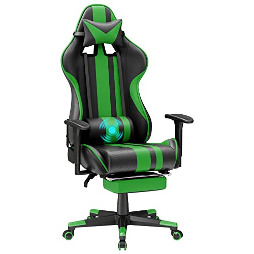 Soontrans Chaise Gaming Massante, Ergonomique Fauteuil Gamer avec Support Lombaire Vibration Massage, Repose-Pieds & Appui-tête, Cuir Rembourré, Siege Gaming Youtube pour Livestreaming Xbox (Vert)