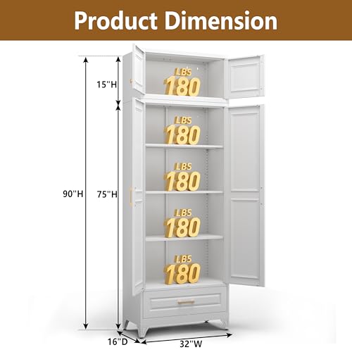 Image of Polup Kitchen Pantry Cabinet, 90 inch Tall Metal Storage Cabinet with Doors | White Heavy-Duty Steel Cupboard, 5 Adjustable Shelves, Magnetic Latch, Gold Handles, for Dining Living Room, Laundry, Garage