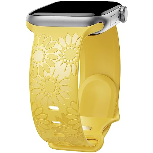 Image of Sunflower Engraved Band Compatible with Apple Watch Bands 38mm 40mm 41mm 42mm 44mm 45mm 49mm Women, Designer Soft Glossy Floral Silicone Strap for iWatch Series Ultra 11 10 9 8 7 6 SE 5 4 3 2 1