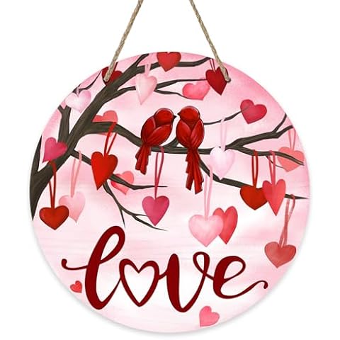 Bolisom Valentine's Day Love Pink Front Door Sign, Red Heart Tree Birds Wood Door Hanger Outdoor Outside Porch Decor, Anniversary Wedding Wooden Wreath Indoor Wall Hanging Decoration Cover