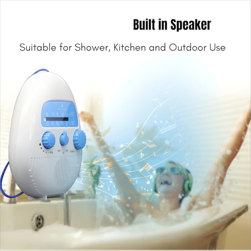 Ouitble Wasserdichtes Duschradio AM FM Hängendes Kabelloses Badezimmerradio Batteriebetriebenes Badradio mit Eingebauter Lautsprecher für Badezimmer Outdoor