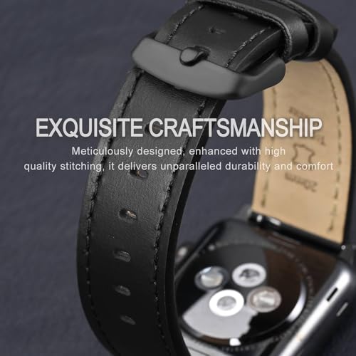 Image of ANNEFIT 20mm Watch Band with Black Buckle, Quick Release Genuine Leather Replacement Strap (Black /Black Stitching)
