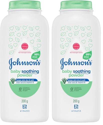 Johnson’s Baby Pure Cornstarch Aloe & VIT E Soothing Moisture Absorbing Baby Powder 200g|99% natural, plant-based cornstarch|Keep skin dry & soft, prevents heat rash & chafing|Suitable for adults & babies