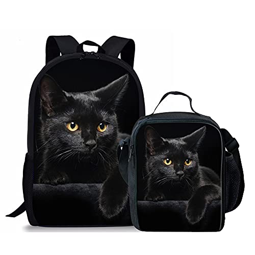 Beginterest Black Cat Backpack with Lunch Bag for School Boys Girls Cute Animal Backpack Set of 2