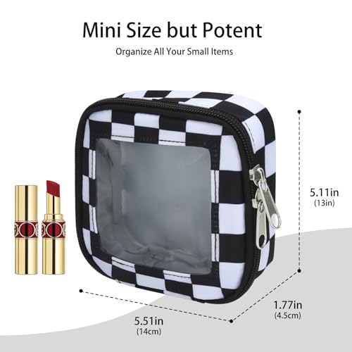 DOB SECHS Small Checkered Makeup Bag 5.1'' x 5.1'' Mini Clear Makeup Pouch for Car Cute Cosmetic Bags for Purse Dual Zipper, Tiny Toiletry Bag Lipstick Organizer Case Travel Essentials Storage Pouches2