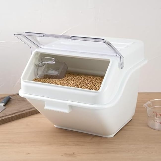 Soro Essentials- 10 Gallon Shelf Ingredient Bin with Hinged Clear Lid Plastic Scoop White Color- Kitchen Food Container Food Storage for Sugar Grains Rice Baking Supplies