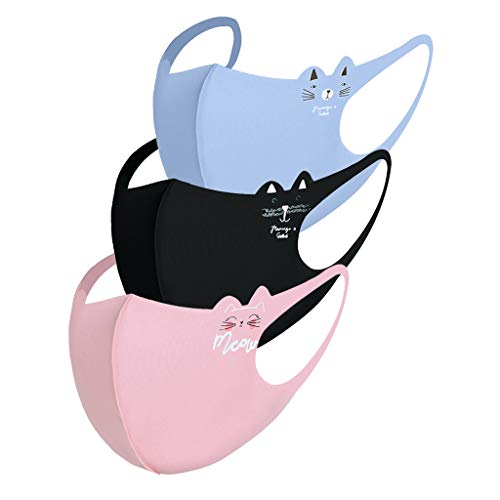 Tootom Masque Facial pour Enfants Masque Extensible de Protection Respirant Imprimé de Bande DessinéE RéUtilisable 3Pcs (Noir + Rose + Bleu) Cover