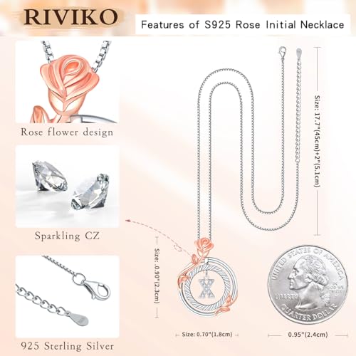 RIVIKO Graduation Gifts for Her,925 Sterling Silver Rose Circle Initial Necklaces,Initial Letter Pendant Necklaces Personalized Jewelry Anniversary Christmas Birthday Gifts for Her Mom Wife Girlfriend 5