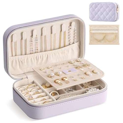 Lolalet Travel Jewelry Case for Women Girls, PU Leather Jewelry Organizer with Clear Storage Bag Small Portable Jewelry Box for Necklace Bracelet Earring Ring Mothers Day Birthday Gifts -Med