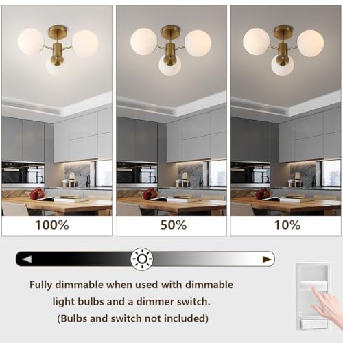 Image of 3 Lights Semi Flush Mount Ceiling Light Mid Century Modern Brass Ceiling Light Milk Glass Sputnik Small Chandelier for Bedroom Dinning Room Foyer Hallway