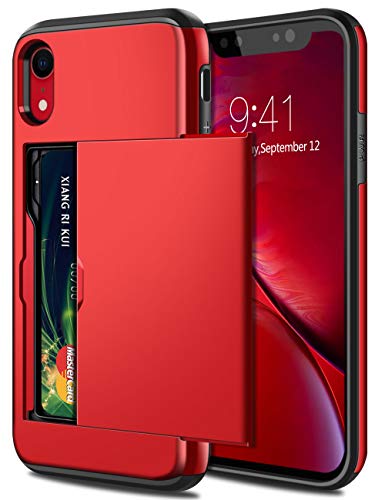 SAMONPOW Case for iPhone XR Hybrid iPhone XR Wallet Case Card Holder Shell Heavy Duty Protection Anti Scratch Dual Layer Hard PC Soft Rubber Bumper Cover for iPhone XR 6.1 inch Metallic Red