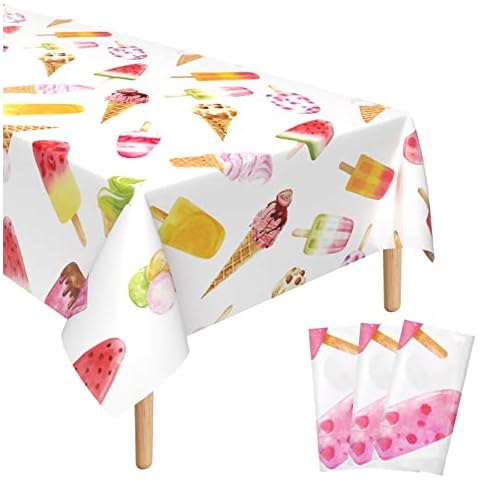 Lianxuia 3 Pieces Ice Cream Plastic Tablecloth, 51 x 86 Inch Ice Cream Party Table Cover, Ice Cream Party Decorations, Suitable for Ice Cream Theme Birthday Party Supplies Cover