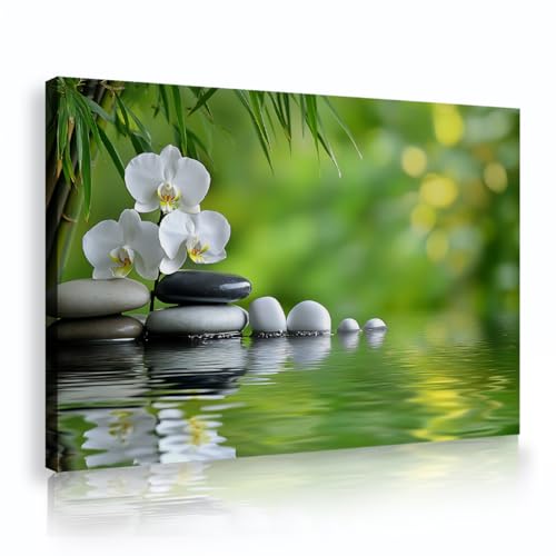 Peinture murale en toile zen fleur blanche bambou déco salle de bain cadre moderne 30x45