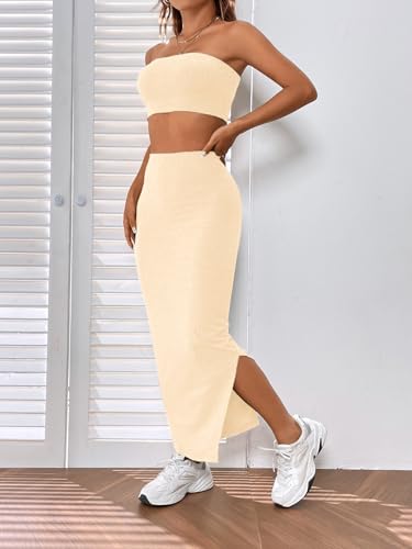 Women Solid Tube Casual Top and Split Hem Skirt3