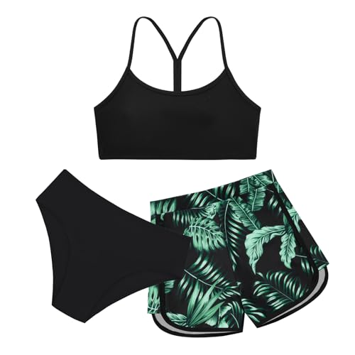 Image of Weixinbuy Girls 3 Piece Swimsuit Bathing Suits Solid Bikini Set with Printed Sports Shorts Swimwear for 9-16Y Teen Girls