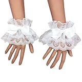 HONGCAUP Lolita Fashion White Lace Wrist Cuffs with Bow - Floral Ruffle Elastic Sleeves for Women | Cosplay, Gothic Style, Kawaii Accessory (Halloween, Party)