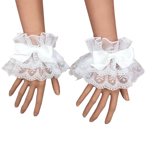 HONGCAUP Lolita Fashion White Lace Wrist Cuffs with Bow - Floral Ruffle Elastic Sleeves for Women | Cosplay Gothic Style Kawaii Accessory (Halloween Party)