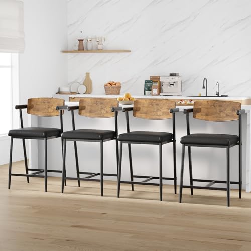 Image of GarveeHome Bar Stools Set of 6 with Arms, 26 inch Modern 6pcs Counter Height Metal Barstools Set with Wood Back & Footrest, Wider Seat, Sturdy Frame, for Counter Bar, Kitchen Island, Retro Brown