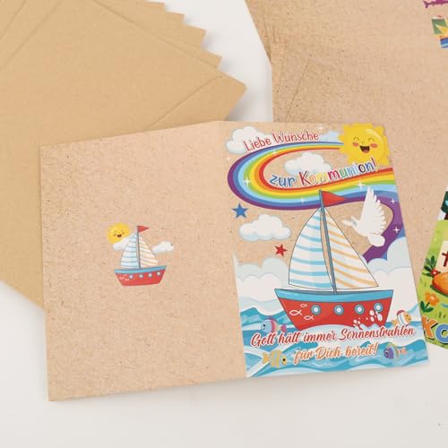 12 Erstkommunion Karten Set mit Umschlägen & Aufklebern, Kraftpapier Grußkarten für Junge & Mädchen, Klappkarten mit religiösen Motiven zur Kommunion