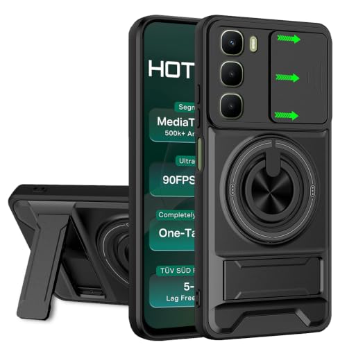 Image of AESTMO Infinix Hot 60 5G Back Cover | Armor Camera Slider 360 Degree Rotating Finger Ring Holder Case with Bracket Stand Back Case Cover (Compatible with MagSafe Accessories) (Black)