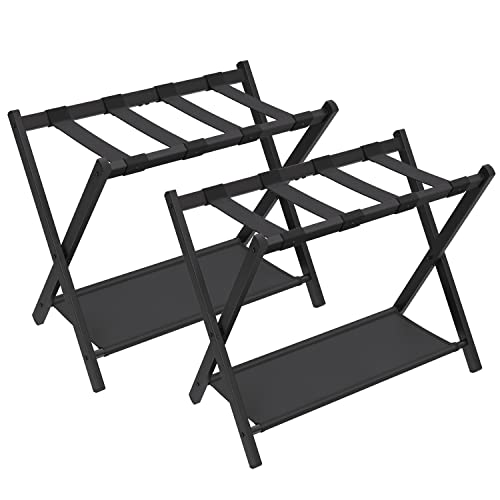 SONGMICS Luggage Racks for Guest Room, Set of 2, Suitcase Stand with Storage Shelf, Steel Frame, Foldable for Easy Storage, Hotel, Bedroom, Black URLR003B02 Black 2 Pack