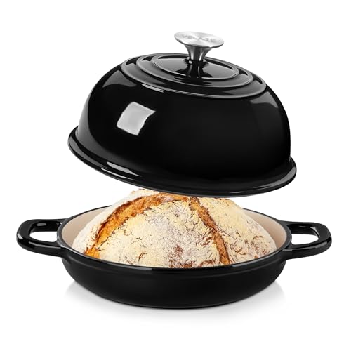 Velaze Gusseisen Topf Brot Backen, 4,8L Emaille Schmortopf mit Deckel und Griffen, 26 cm Brotbacktopf, Bräter Gusseisen, Dutch Oven für Küche Backen Schmoren & Braten (Schwarz)