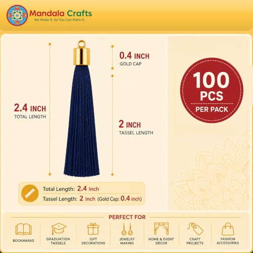 Image of Mandala Crafts Small Gold Tone Cap Navy Blue Bookmark Tassels with Loops | 100 PC, Machine Washable, Polyester, Mini, for Crafts Jewelry Making Graduation Decorations Keychains Gift Tags & Ornaments