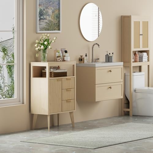 Image of Natural Wood Bathroom Floor Cabinet with 3 Fluted Drawers & Door, Modern Storage Sideboard with Open Shelf, Coffee Bar Station for Living Room, Entryway, 23.6 x 11.8 x 34.6 Inches