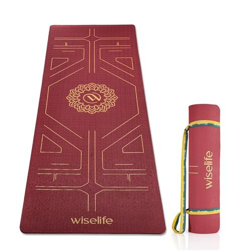 Image of Wiselife Tru Body Alignment Yoga Mat + Sleek Yoga Strap For Men And Women | Non-Slip Textured Extra Wide & Thick | Pro Balance Tpe Exercise Mat For Home, Pilates, Gym & Fitness (6Mm, Wine)