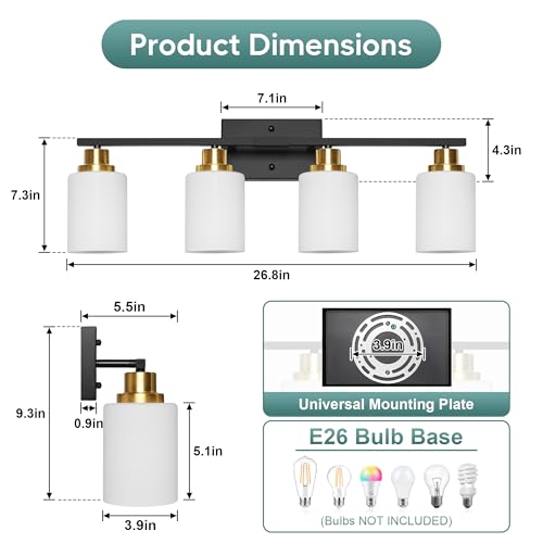 Image of Ascher Bathroom Light Fixtures, 4-Light Vanity Light Over Mirror, Black and Gold Wall Sconces with Milky White Frosted Glass Shades, Wall Lamp for Living Room Bedroom, E26 Base(Bulbs Not Included)