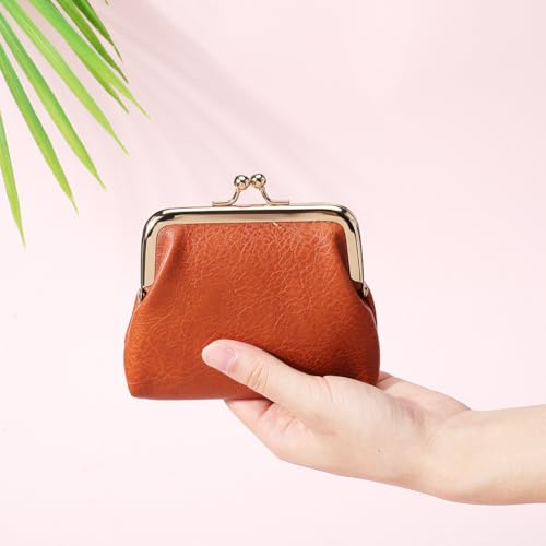 CREATCABIN Brown Kiss Lock Wallet Vintage Leather Coin Purse Ladies Money Pocket Iron Frame Compact Hand-held Wallet for Credit Cards Keys Headset Storage Christmas Valentine's Day Gift 4.1x4.3x1.2in3