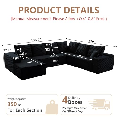 Image of Oversized Modular Sectional Sofa Couch, Large 6 Seater Corner Sofa Modern U Shaped Sectional Couch Cloud Couches for Living Room, Office, Spacious Space, Corduroy, No Assembly Required, Black