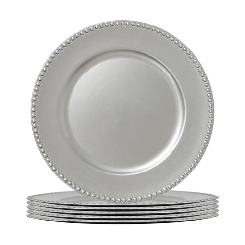 Argon Tableware Silver Charger Plates - 33cm - Dinner Set for 6 - Bead Design - Round Reusable Melamine Christmas Serving Dishes Large Dinnerware Christmas Plates Set for Party Celebrations, Weddings