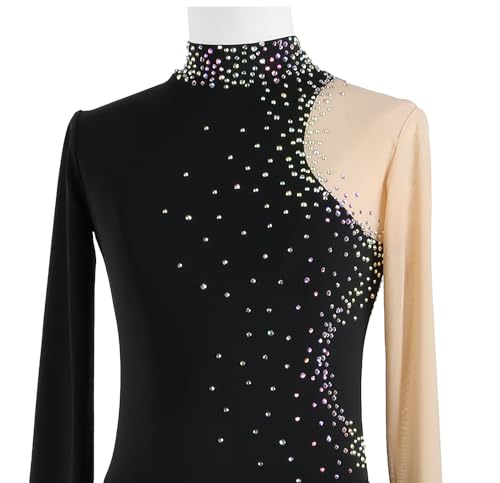 Vestido de competição de patinação artística para mulheres meninas renda manga longa feito à mão flo