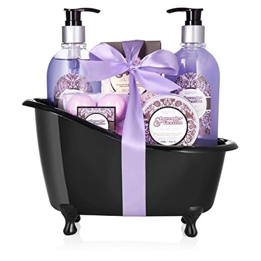 BRUBAKER Cosmetics Bade-Geschenkset Lavendel Vanille mit Deko Badewanne schwarz 9-teilig