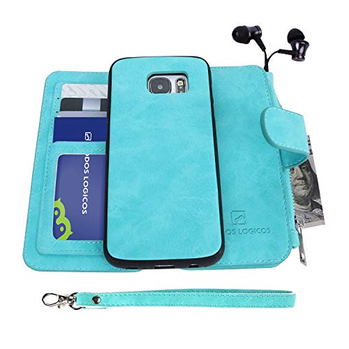 Samsung Galaxy S7 Case, [Detachable Wallet Folio][2 in 1][Zipper Cash Storage][Up to 14 Card Slots 1 Photo Window] Premium PU Leather Purse Clutch with Removable Inner Magnetic TPU Case - Teal