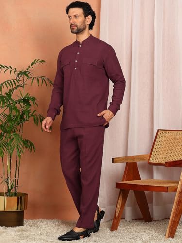 Image of See Designs Men's Full Sleeve Mandarin Collar Linen Solid Pathani Set