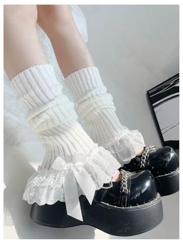 Milumia Women's Y2k Knitted Leg Warmers Lace Trim Bow Ribbed Knit Cute Long Boot Socks3