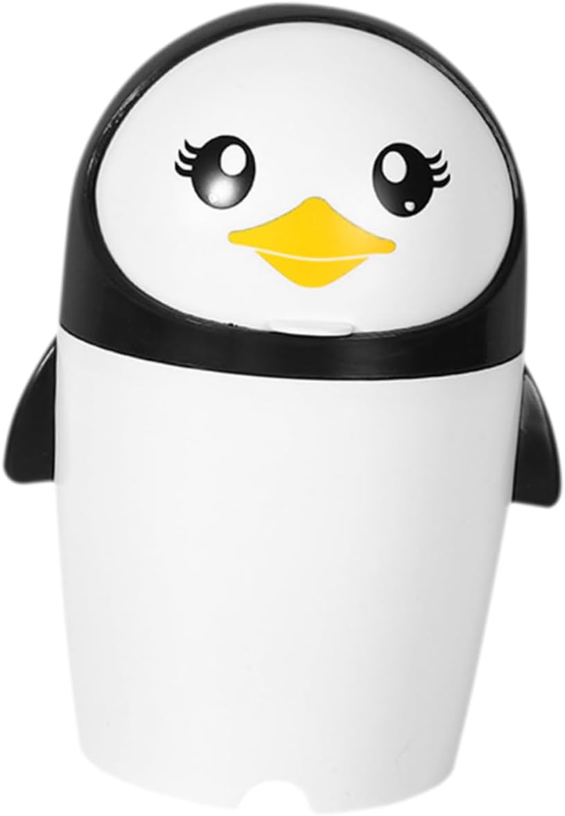 Mini Penguin Trash Can with Flip Lid Compact Plastic Garbage Bin for Car Bedroom Office Kitchen Childs Desktop Wastebasket for Small Spaces