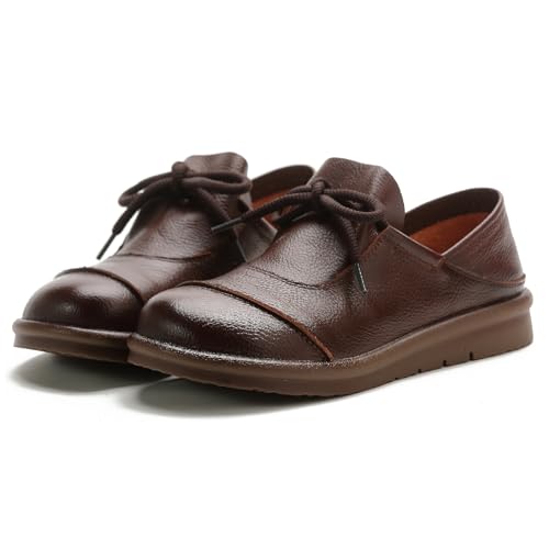 Women's Genuine Leather Flat Walking Shoes Retro Comfortable Round Toe Lace-up Soft Bottom Casual Leather Shoes for Daily Work Office