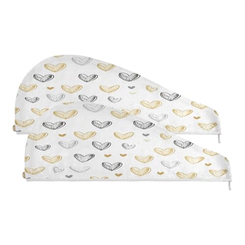 BOESI Doodle Colorful Heart Pattern Dry Hair Cap, 2 Piece Quick Drying Towel Set with Button Headband, Super Absorbent, Soft & Comfortable