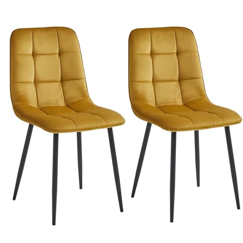 Colenis® - Chaises de Salle à Manger Ela - Lot de 2 - Jaune Ocre - Velours - Pieds en Métal Stable - Pour Cuisine, Chambre à Coucher et Salon
