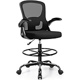 FINATI Drafting Chair Tall Office Chair for Standing Desk - Ergonomic Computer Work Stool with Flip-up Arms, Foot Ring & Adjustable Lumbar Support. Ideal for Studio, Artist, Engineer, & Study (Black)