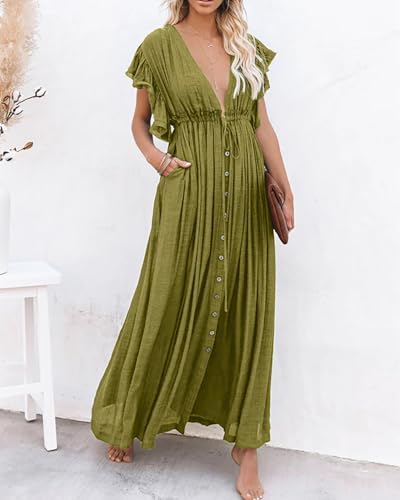 Image of R.Vivimos Maxi Dresses for Women 2026 Summer Short Sleeve V Neck Drawstring Tie Boho Loose Flowy Long Dresses with Pockets